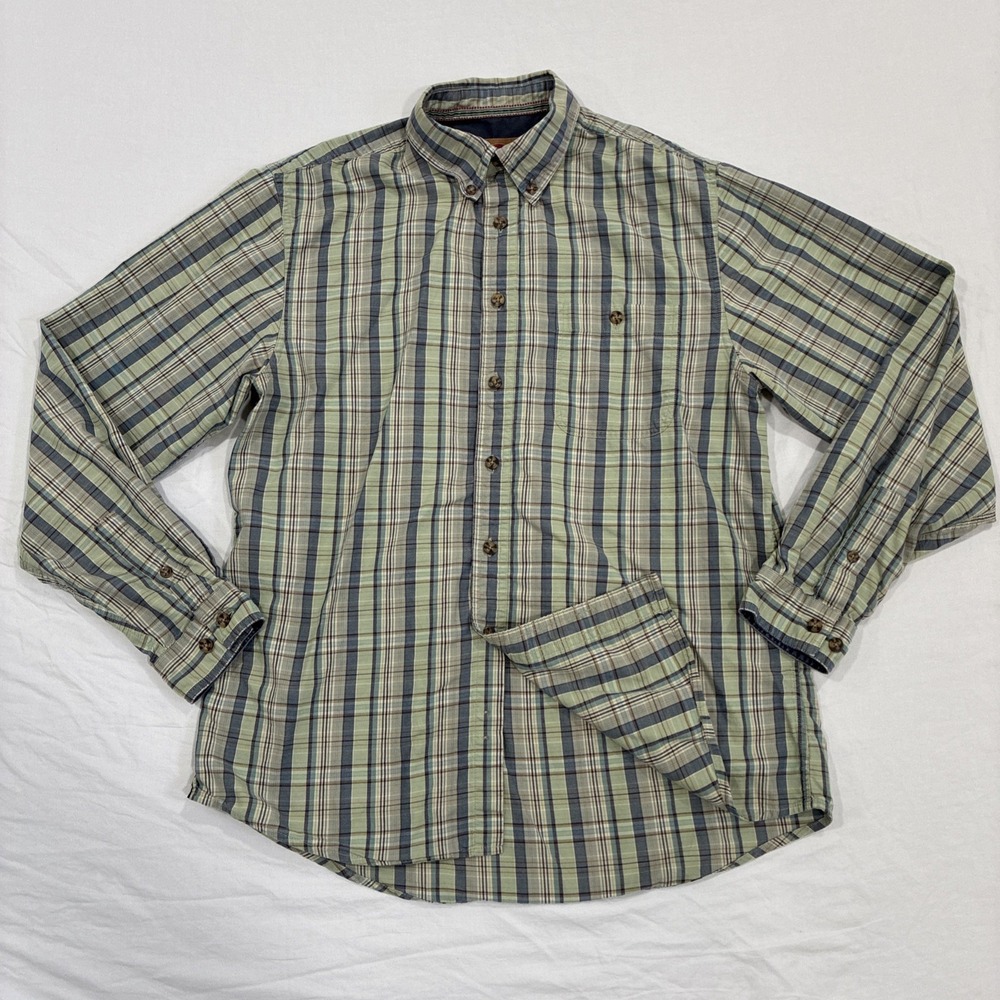 Boston Traders Button Up Shirt Mens Large Green Blue Plaid Vintage‎ 100% Cotton
